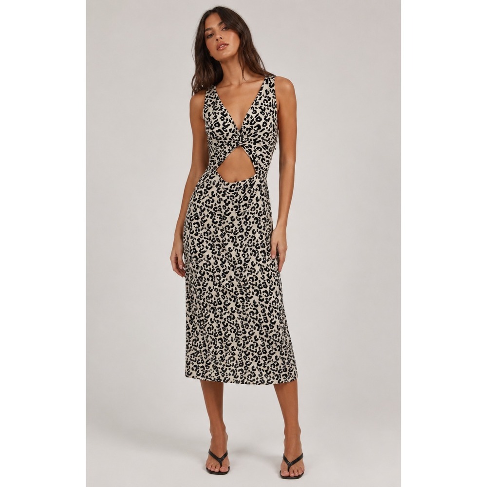 Leith Sleeveless Midi Dress Womens Medium Ivory Floral Animal Print Rayon NEW
